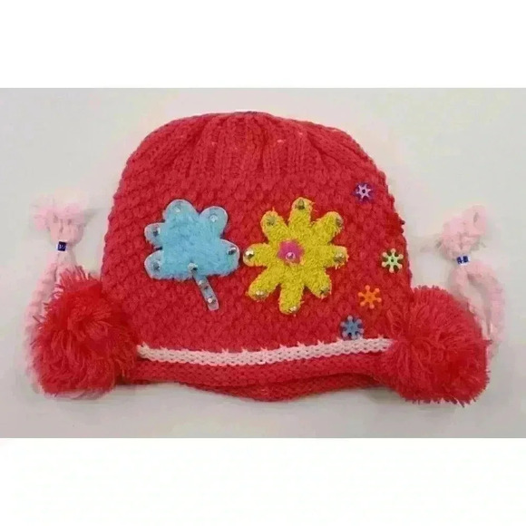 HAND knitted girl hat with knitted applique with beads for 3-6 year old. NEW. - Picture 2 of 9